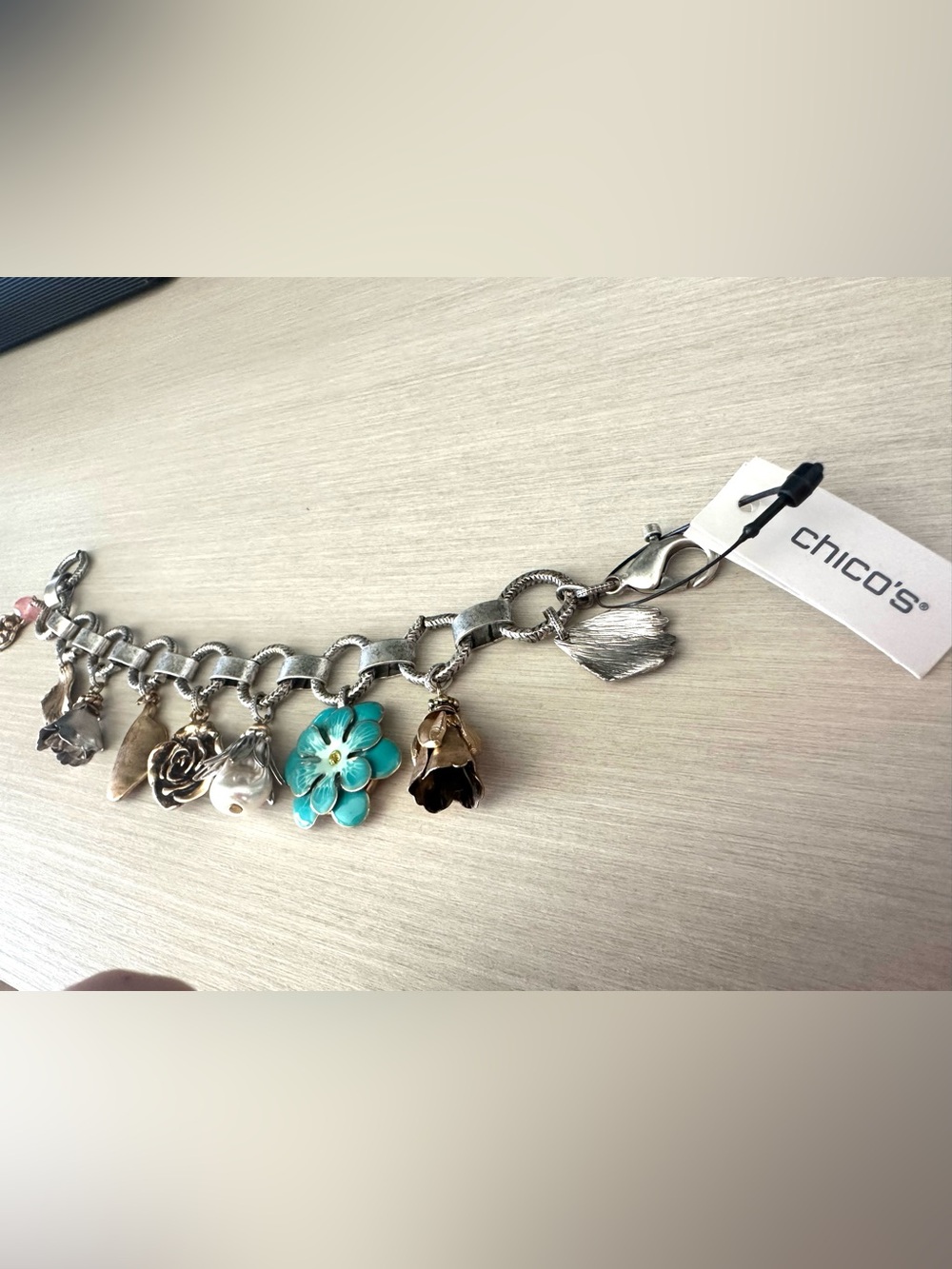 Chico’s Silver Charm Bracelet with Turquoise Flower and Gold Bloom Charms